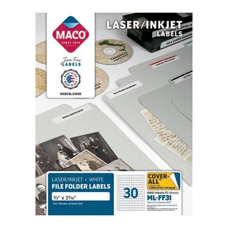 Chartpak Maco, LASER/INKJET WHITE FILE FOLDER LABELS, 0.66 X 3.44, WHITE, 50PK MLFF31
